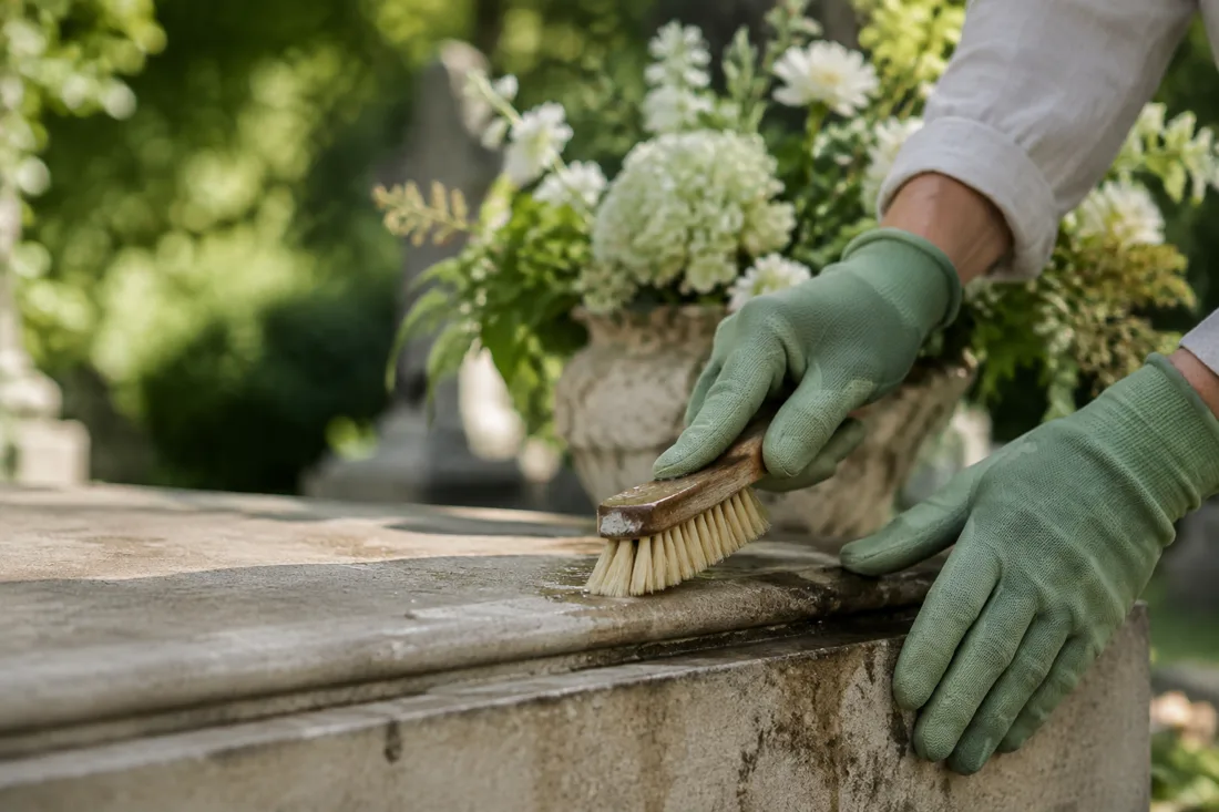 Le soin de la pierre : nettoyage délicat à la brosse douce, près de fleurs blanches