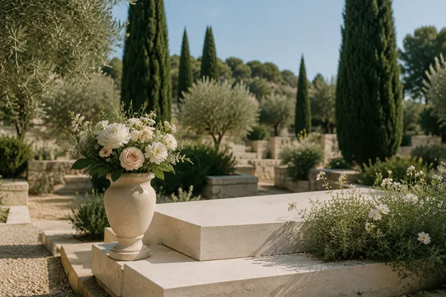 Cyprès, oliviers et bouquet clair sous une lumière méditerranéenne