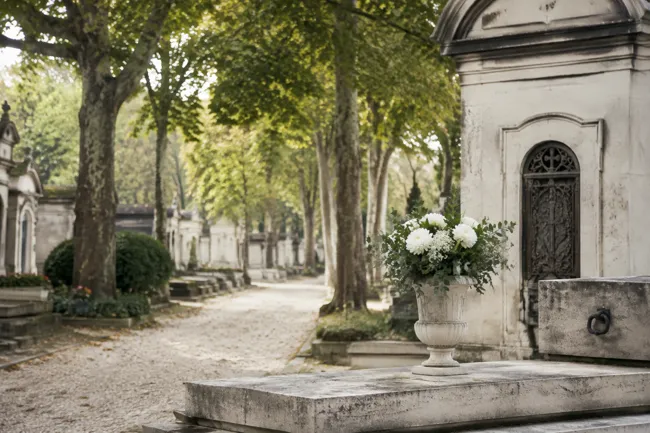 Allée arborée, pierre claire et fleurs blanches dans un jardin de mémoire