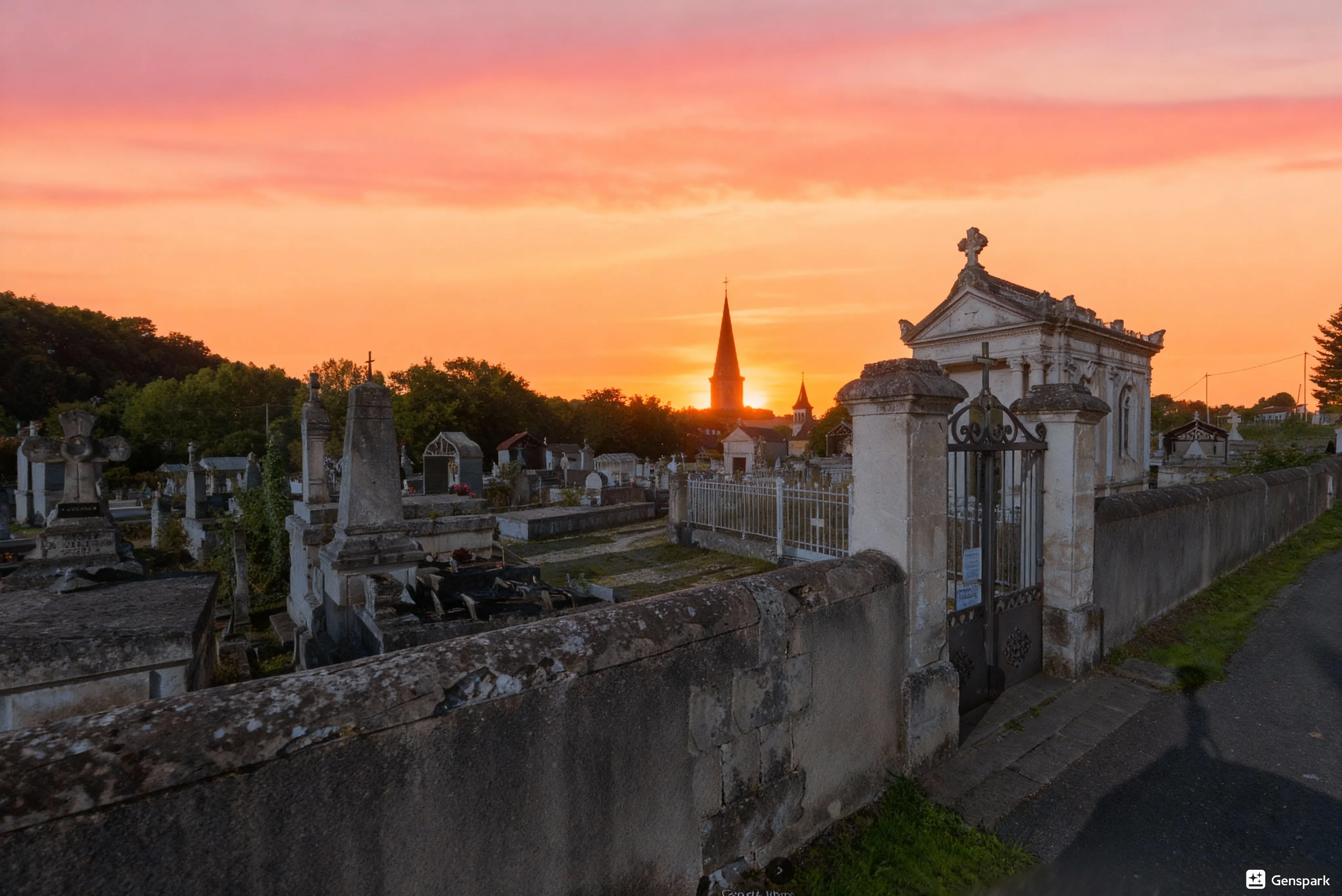 Allée minérale d'un cimetière français en plein soleil d'été