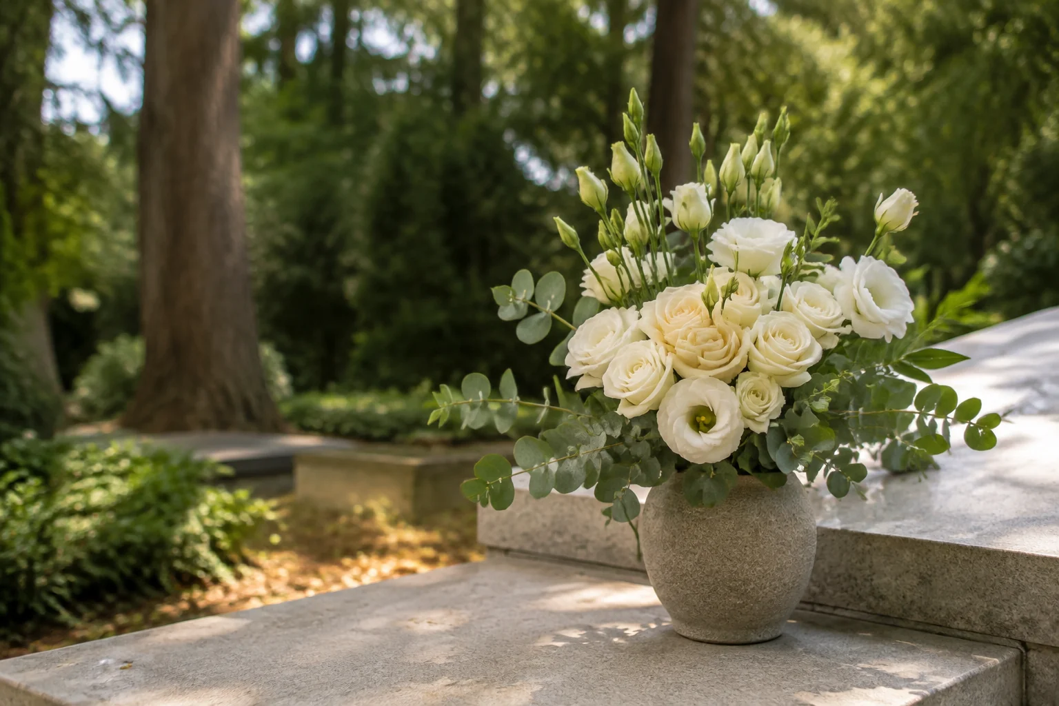 Bouquet de fleurs blanches dans un vase de pierre, dans un jardin de mémoire