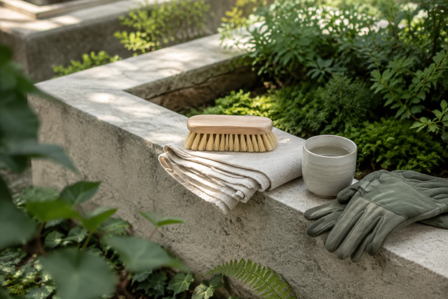 Brosse douce et linge au bord d’une pierre