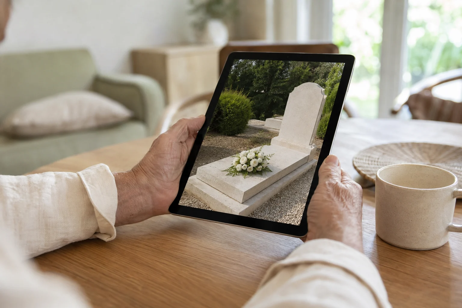 Des mains consultent sur une tablette une photographie de sépulture.