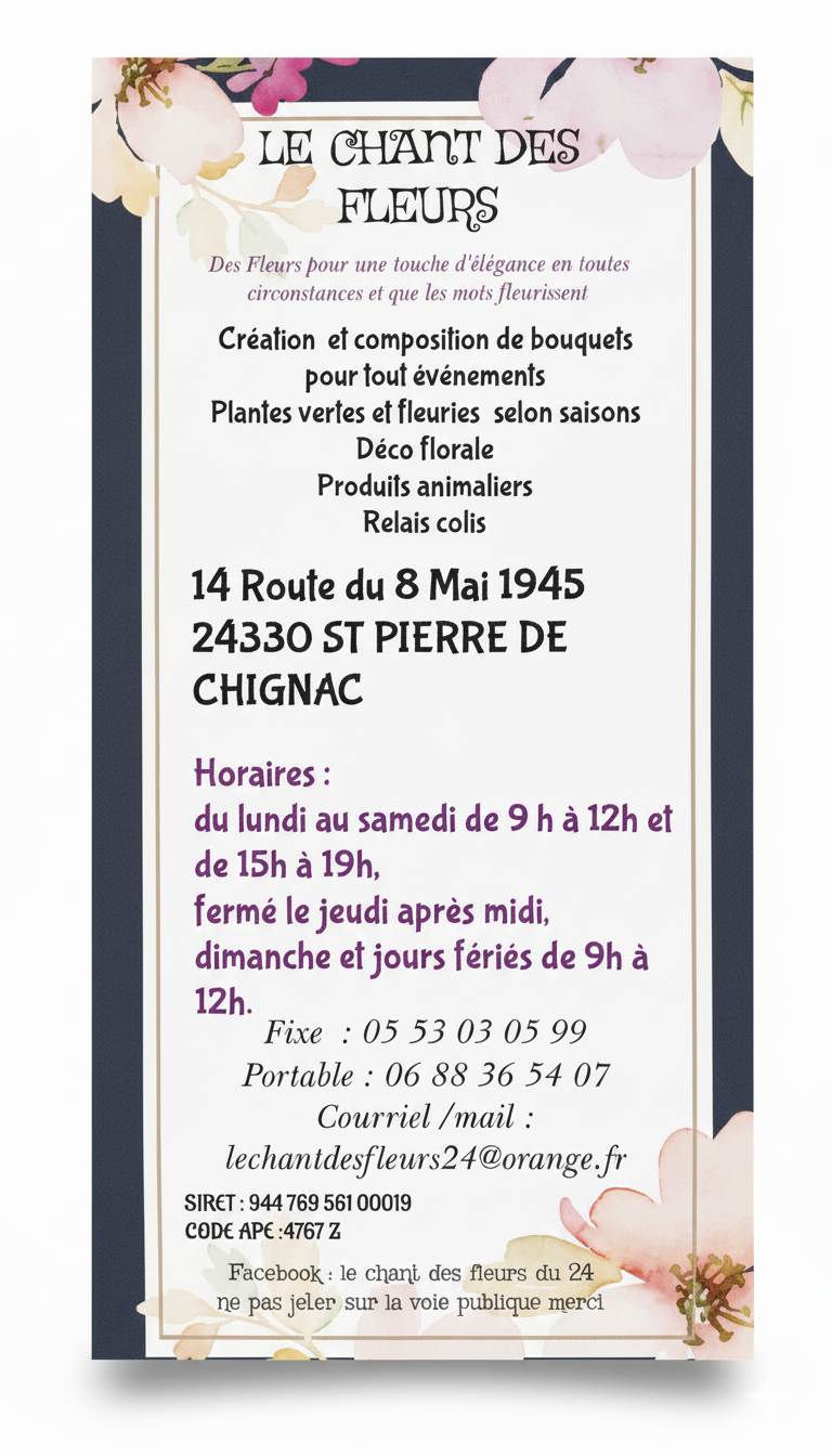 Flyer du fleuriste Le Chant des Fleurs à Saint-Pierre-de-Chignac (services et horaires)